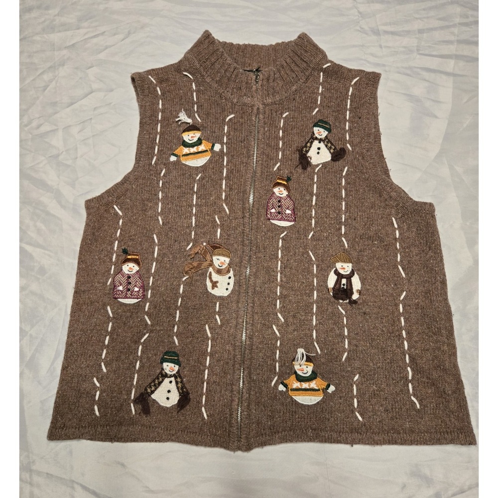 Hampshire Studio Wool Blend Sweater‎ Vest Womens Petite Lg Snowman Brown Holiday